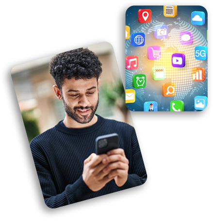 Person using smartphone with digital apps floating around